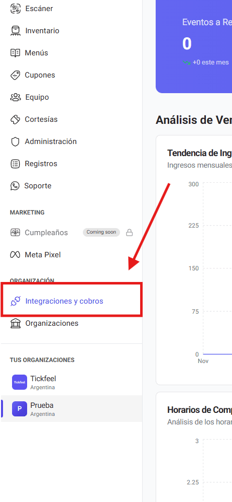 Opción Integraciones y cobros en el menú lateral del Studio