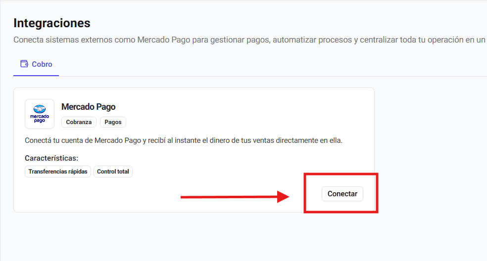 Botón Conectar en la tarjeta de la integración de Mercado Pago