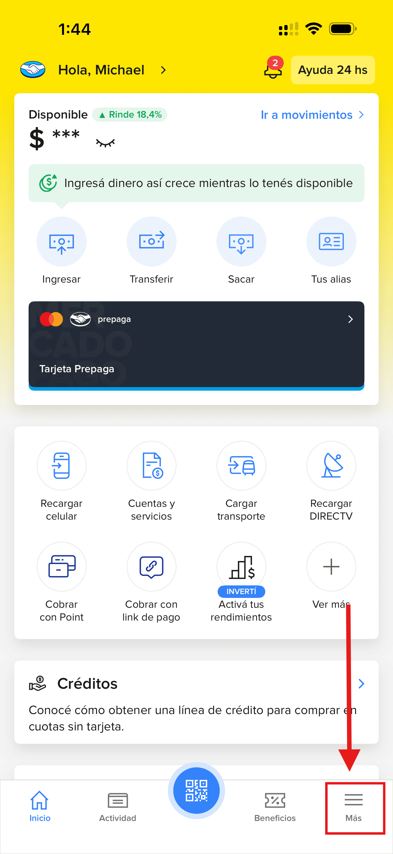 Acceso al menú Más desde la pantalla de inicio de Mercado Pago