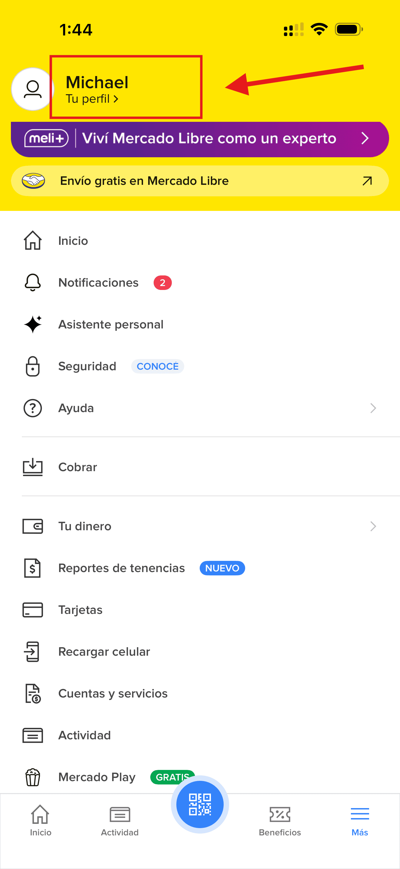 Acceso a Tu perfil desde el menú Más