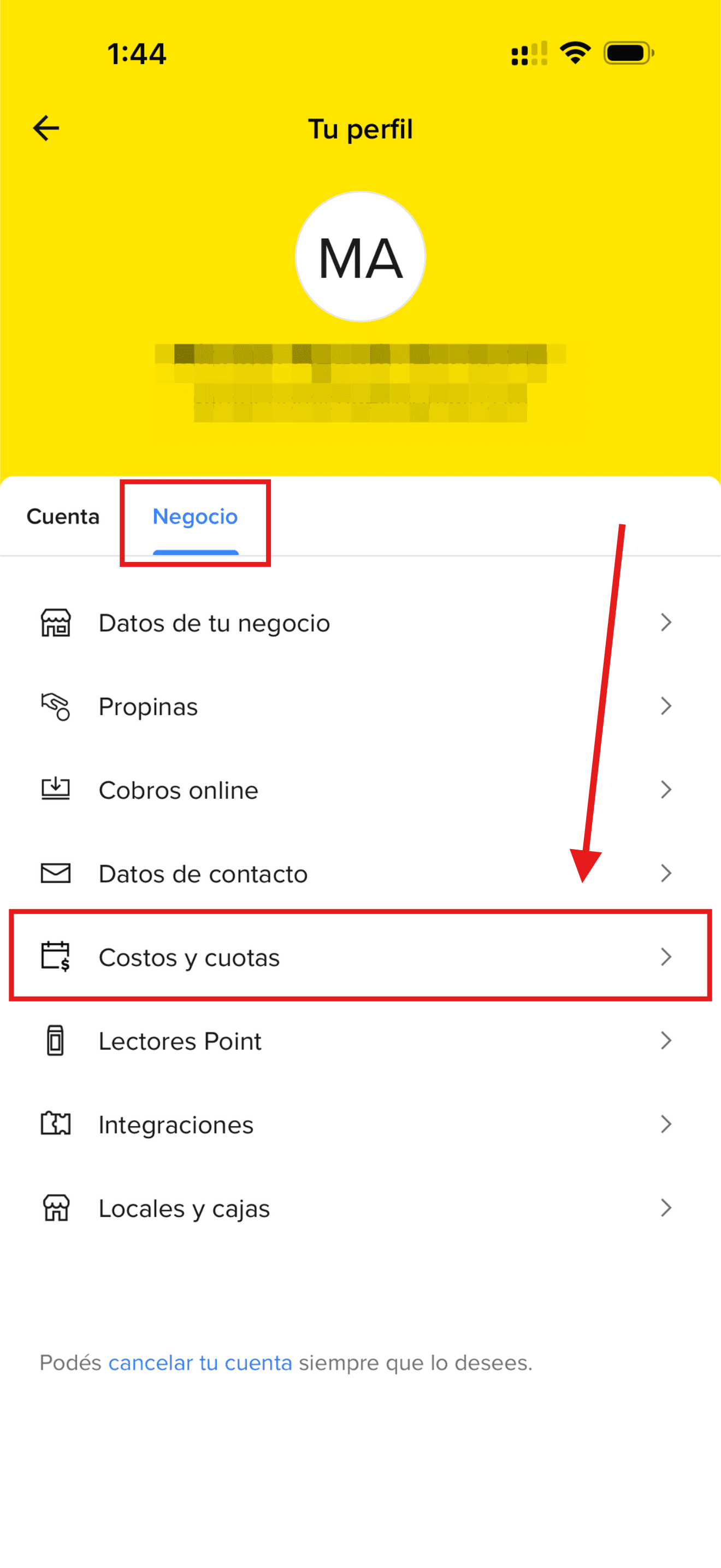Opción Costos y cuotas dentro de la pestaña Negocio