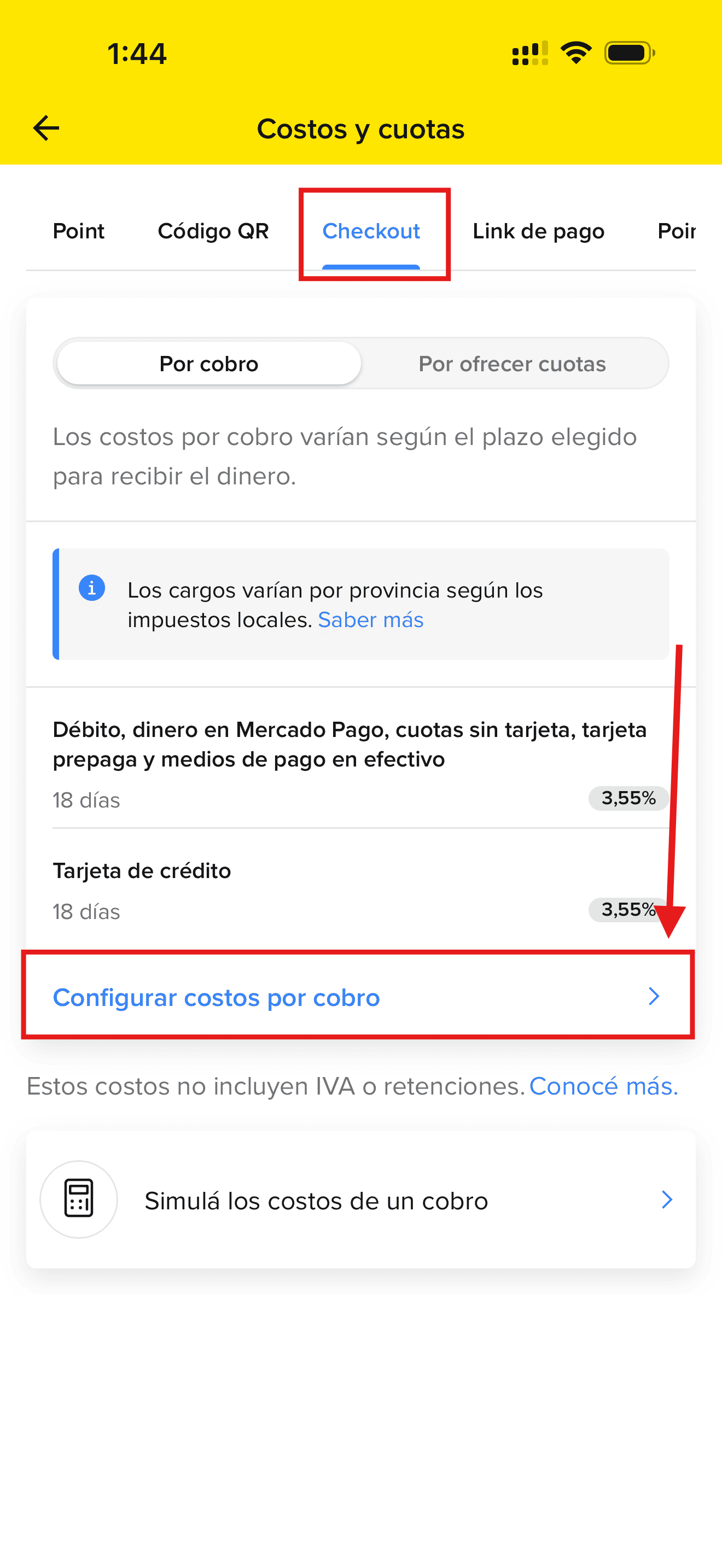 Acceso a Configurar costos por cobro dentro de la pestaña Checkout